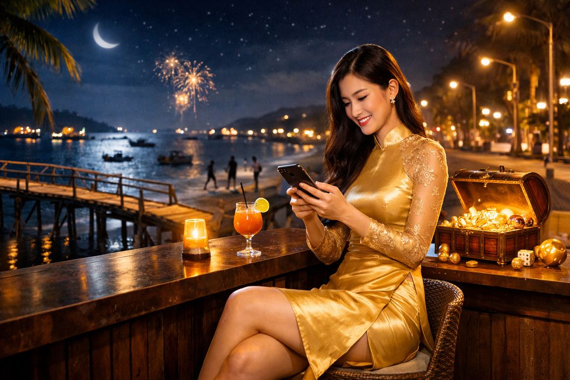 Người phụ nữ áo dài tại Mũi Né sử dụng điện thoại chơi casino trực tuyến